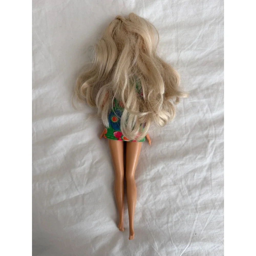 Vintage Mattel Barbie Doll 1999 Blonde Hair Green Floral Mini Dress Gold Flowers